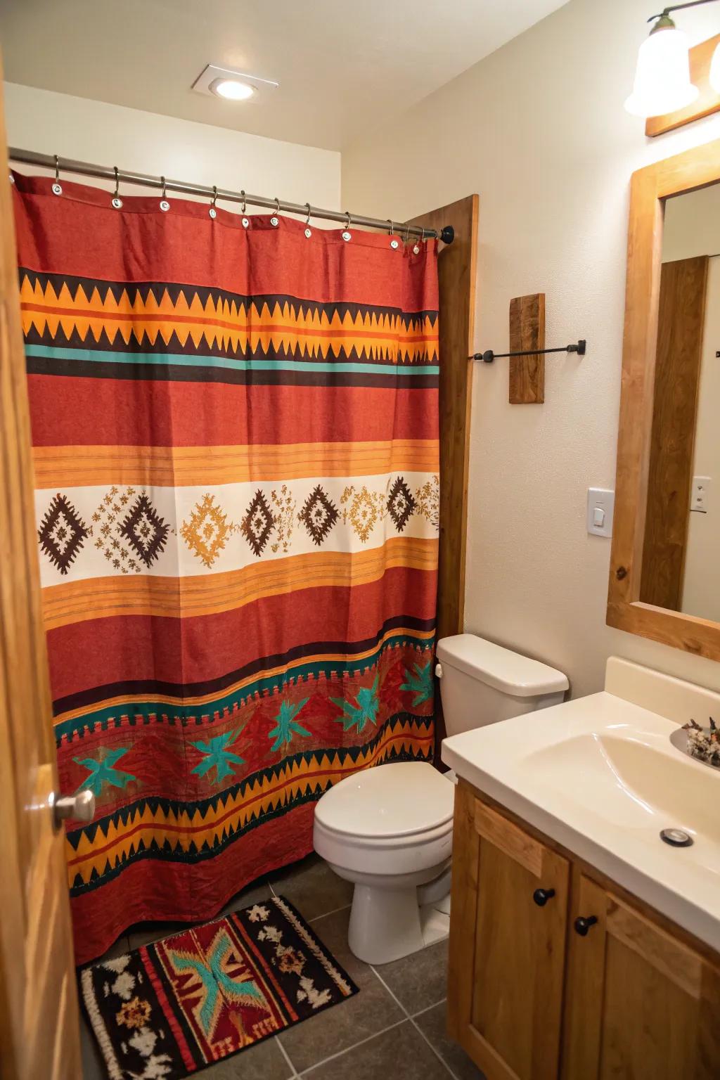 A statement shower drape elevates the décor.