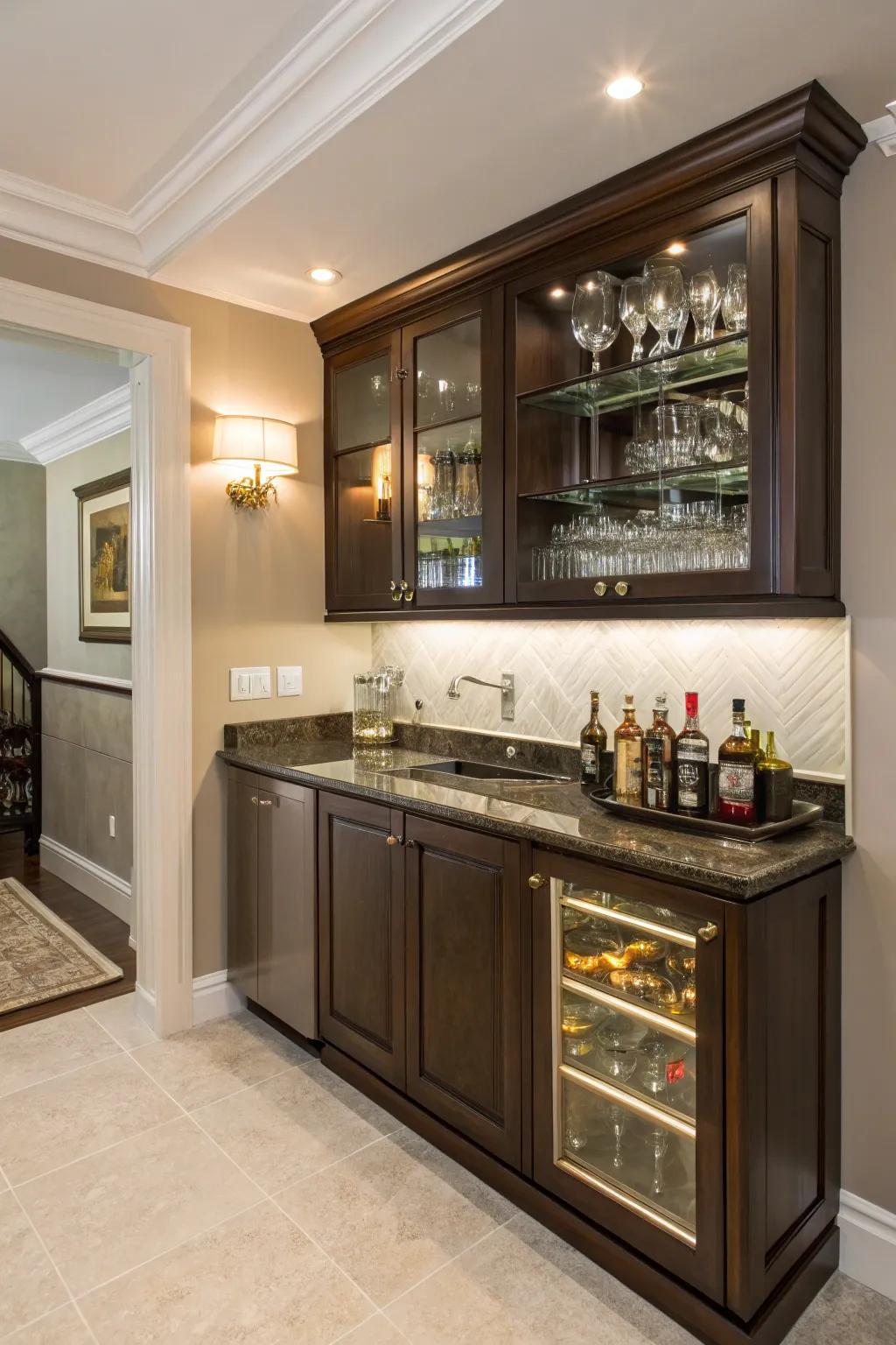 A compact wet bar is smartly fitted in a corner.
