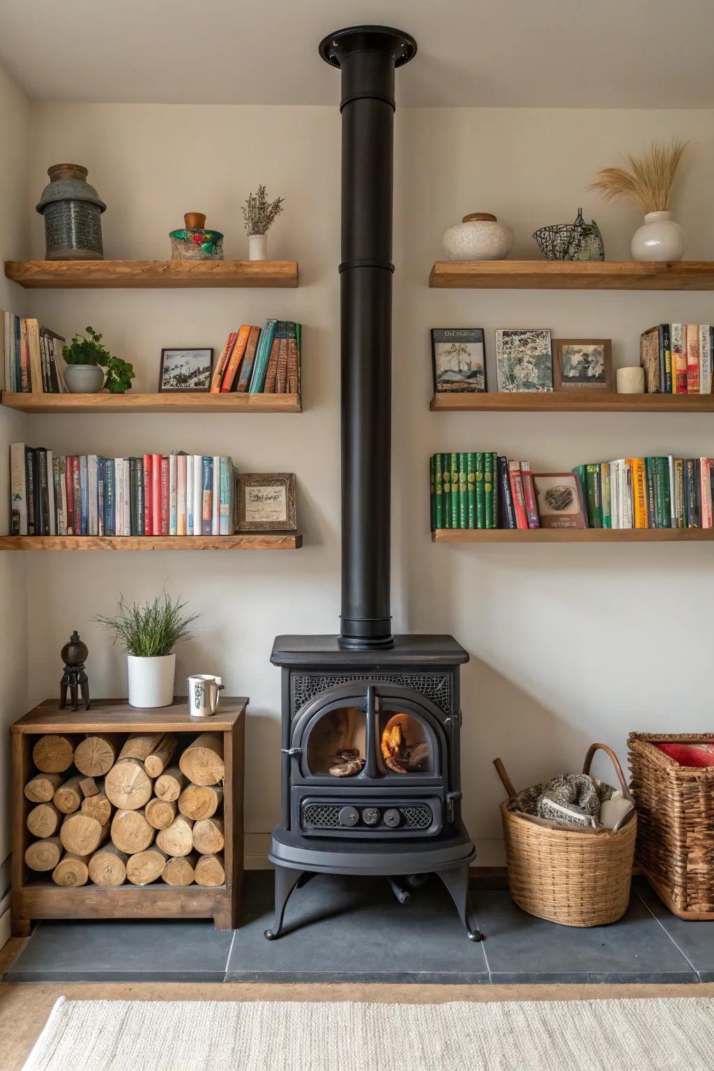 Floating shelves provide space-saving display options around a wood heater.