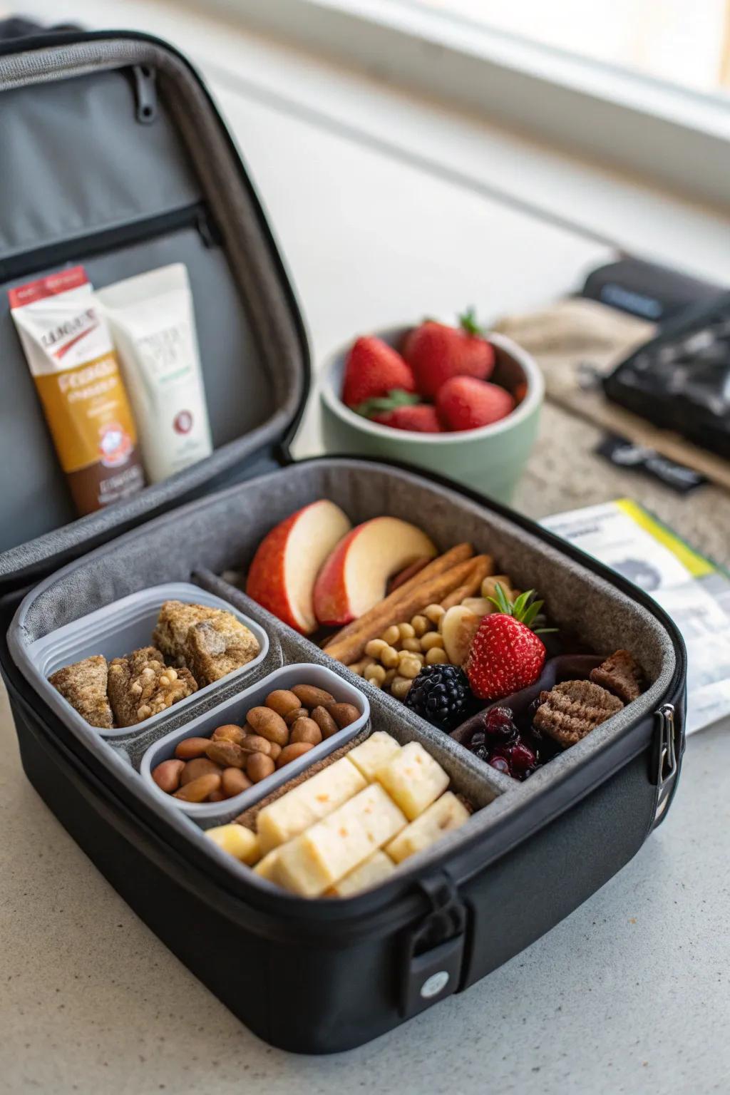 A movable snack carrier keeps snacks arranged on the move.