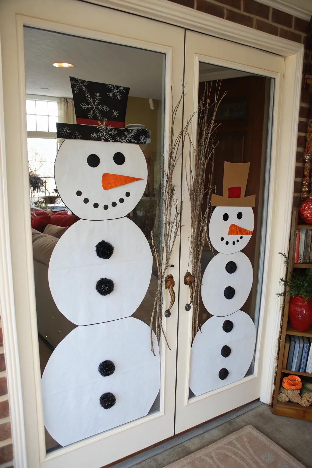 A snowman family brings joy and togetherness to your entrance.
