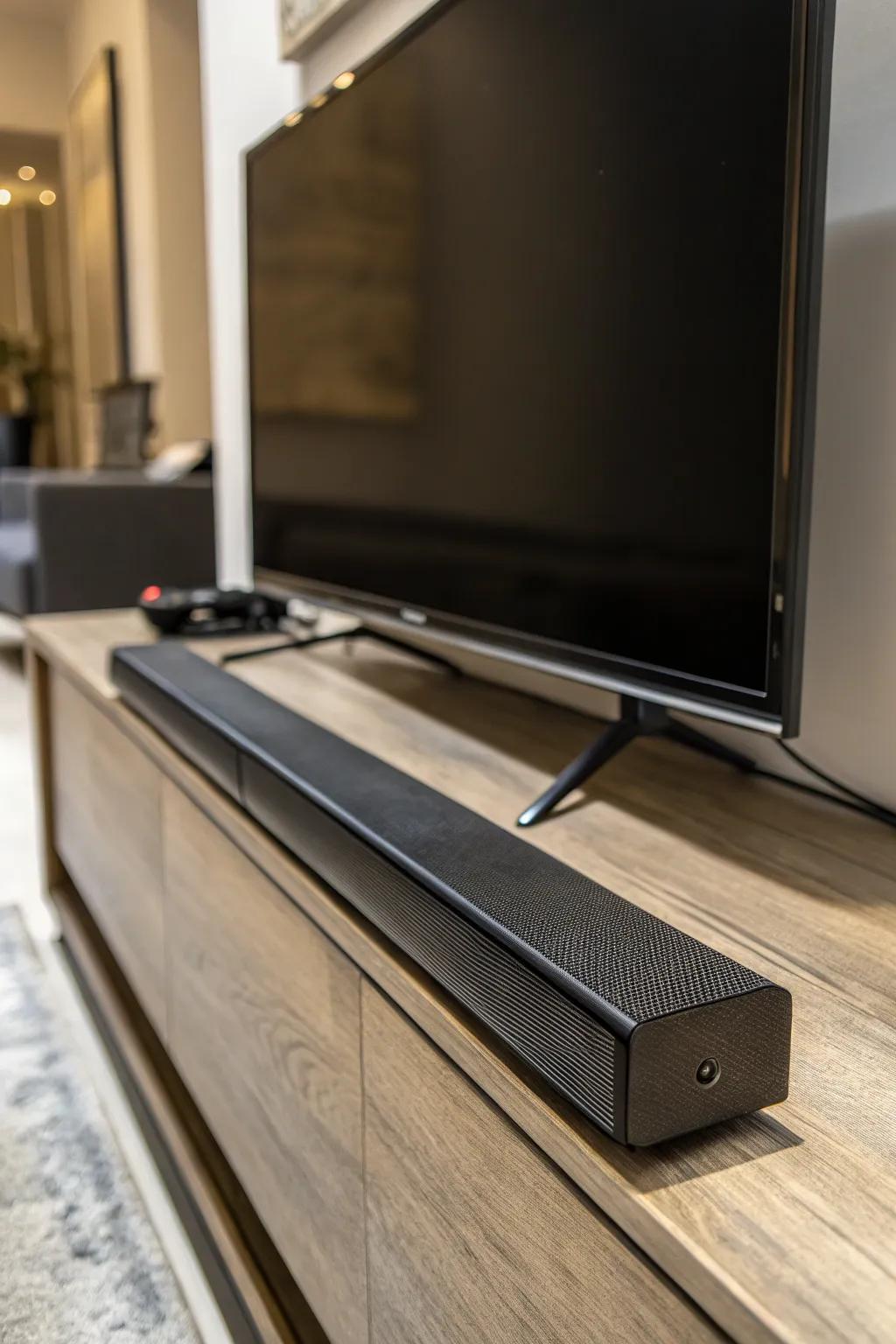 Audio bar secretly placed behind the TV for a seamless appearance.