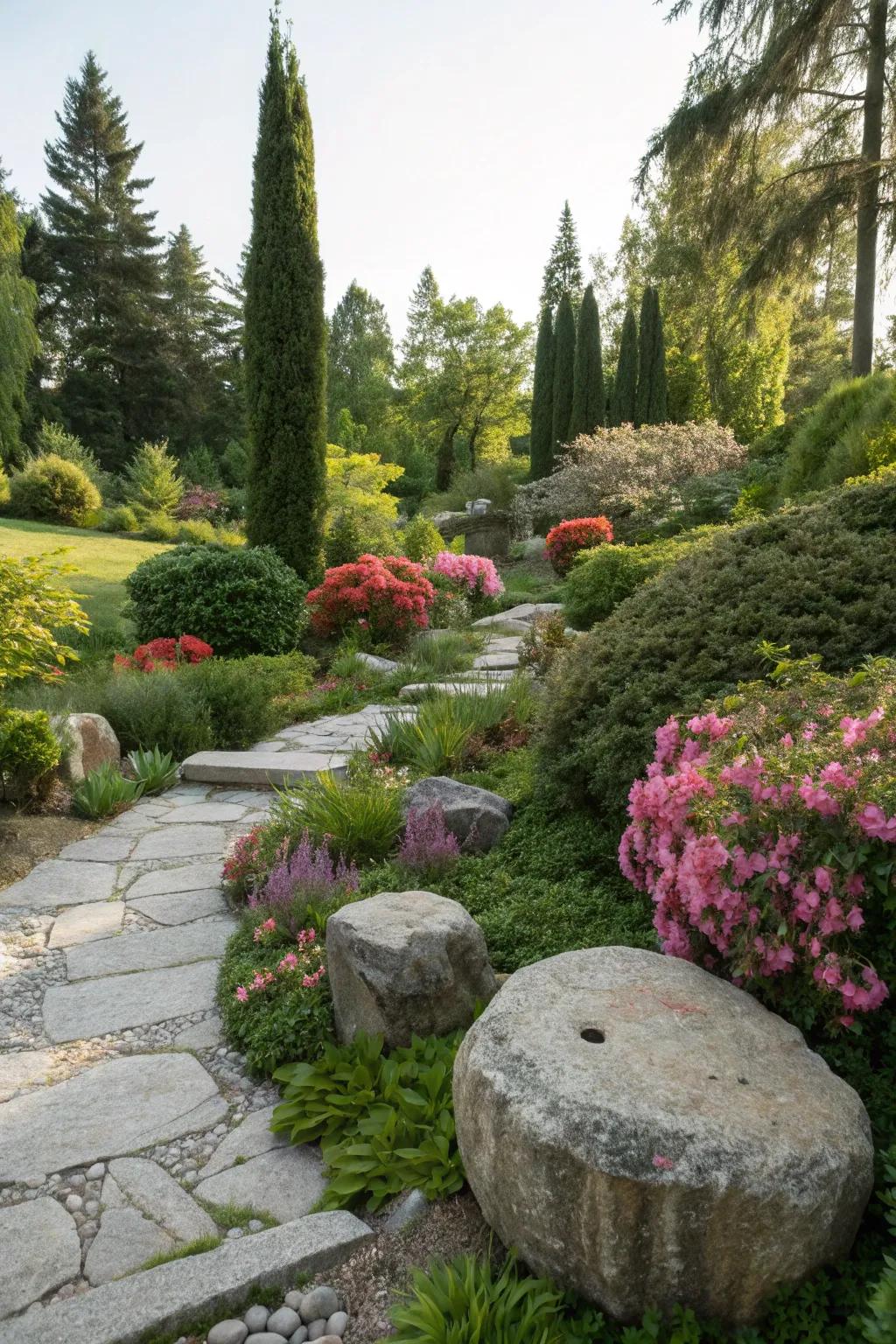Natural stone elements enhancing the texture and character of a garden setting.