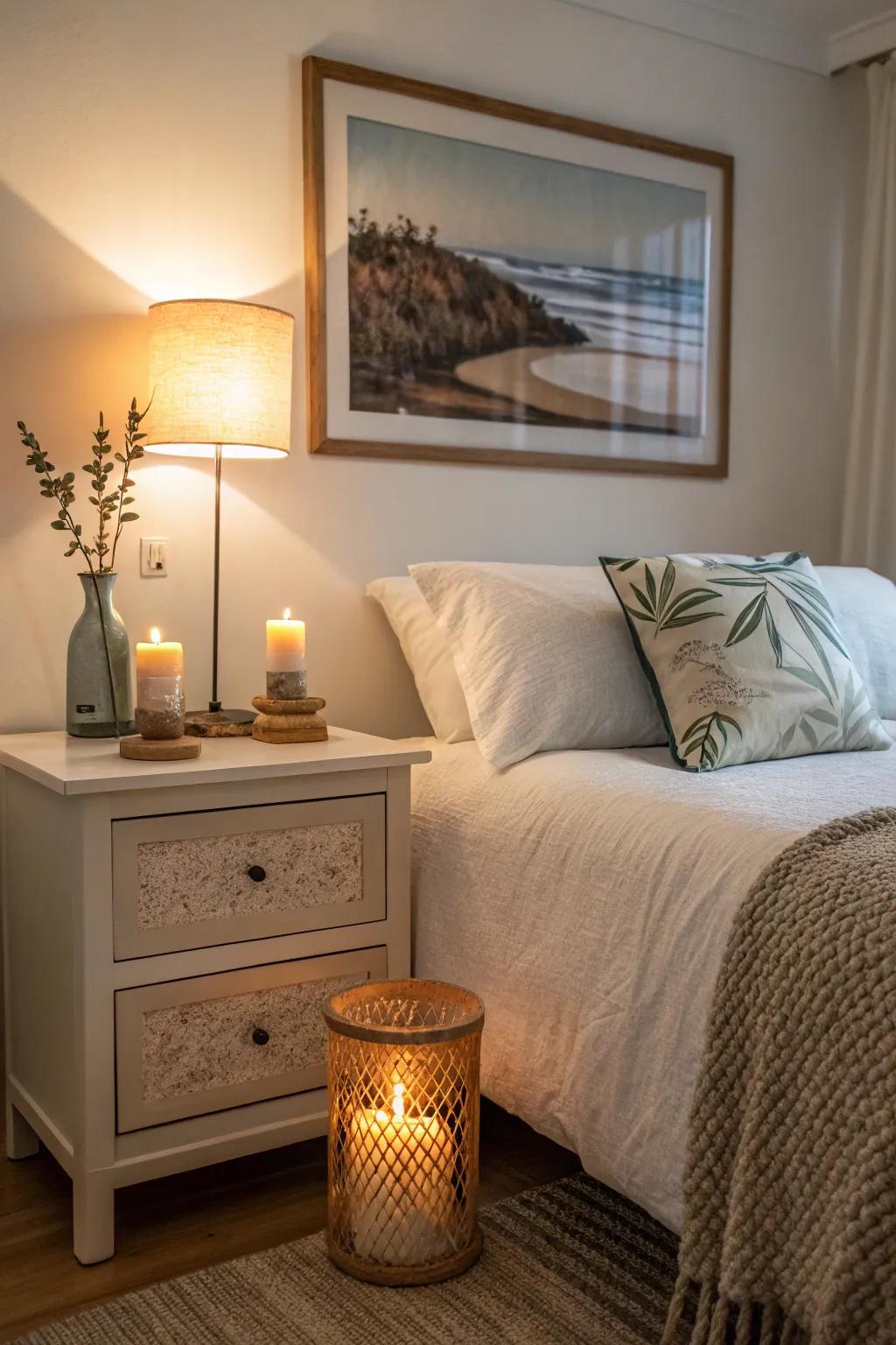 Thoughtful accessories like candles and art introduce warmth.