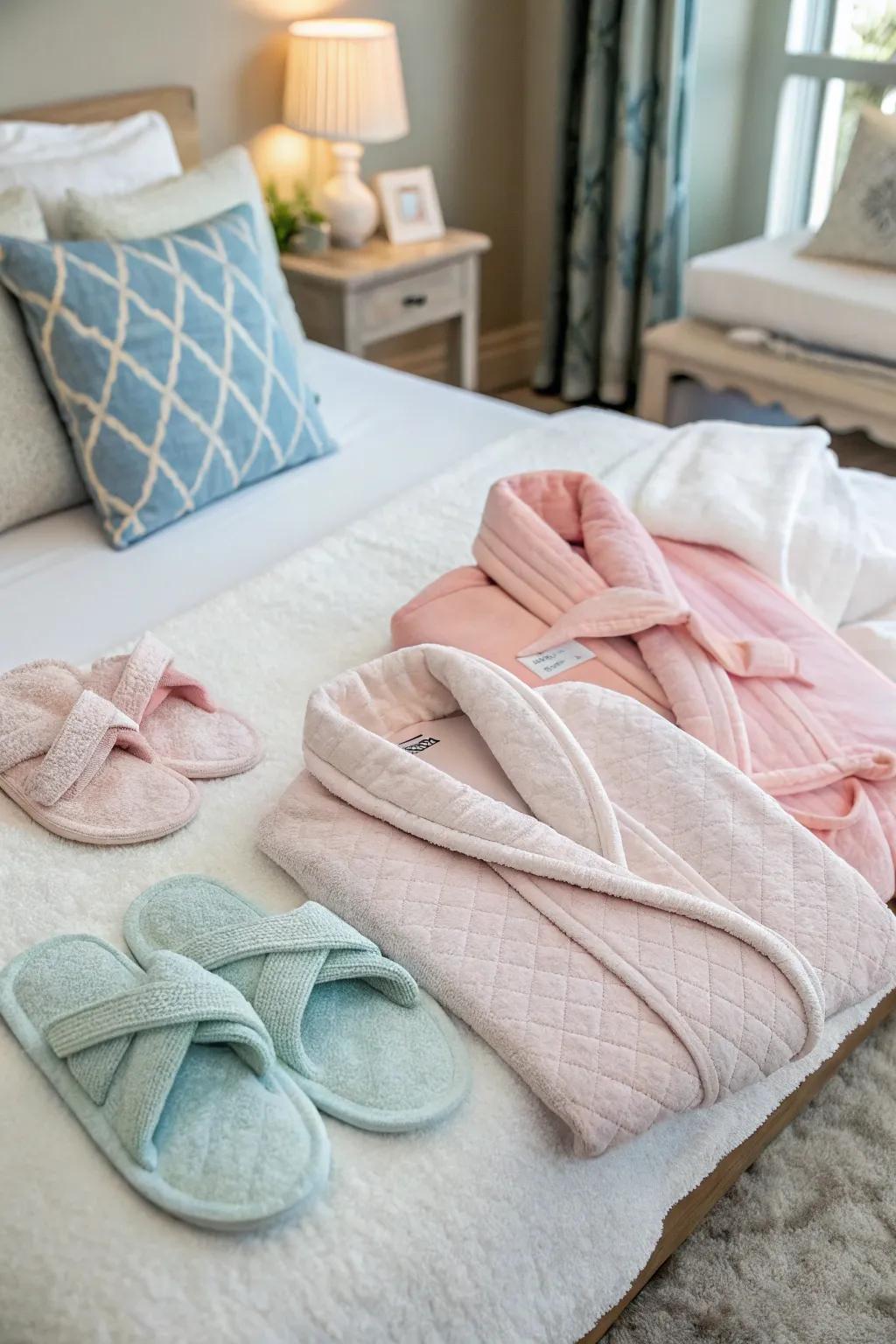 Matching slippers and wraps creating a sense of unity and luxury.