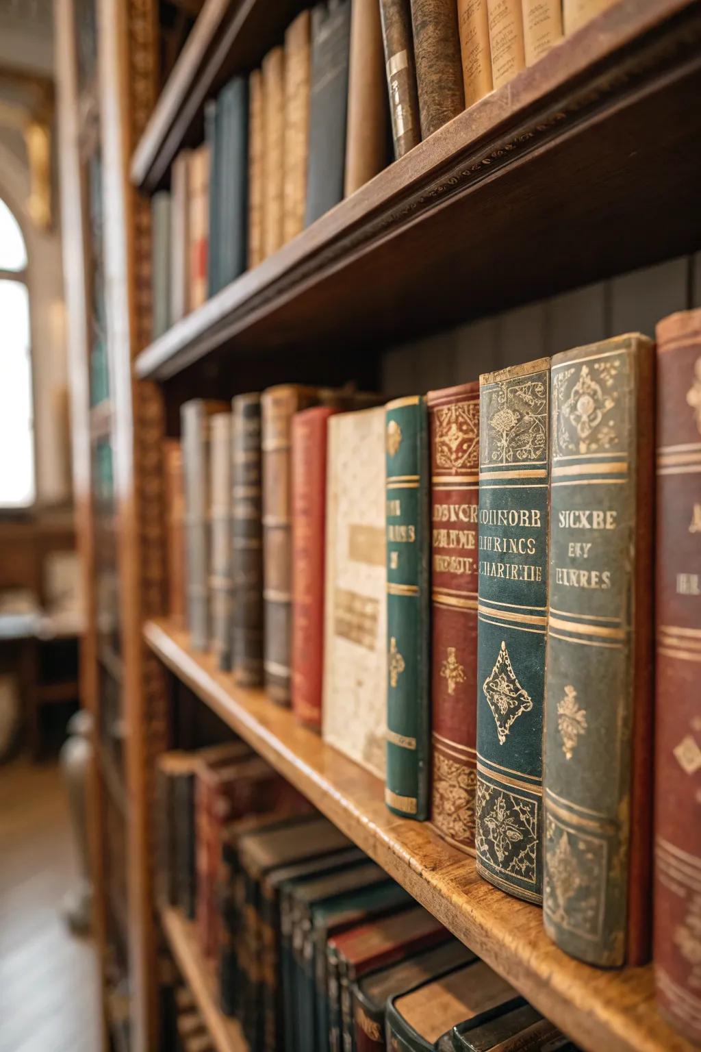 Bookcases brimming with vintage books contribute character and charm.