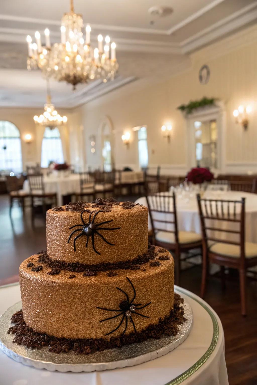 A shimmering spider cake with edible shimmer.