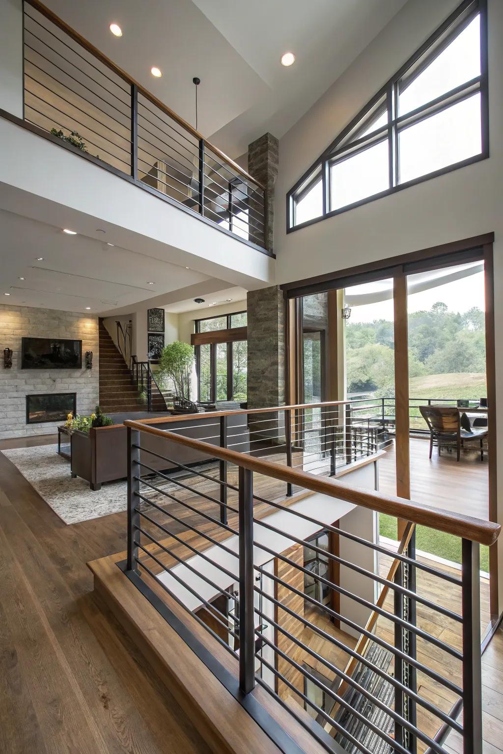 Streamlined even strip railings refining the transparency of a split-level abode.