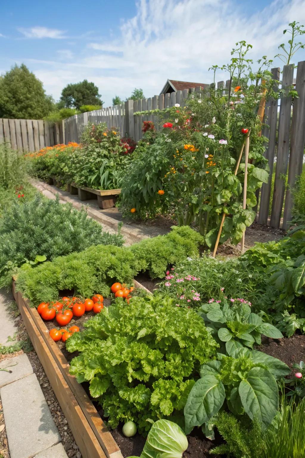 An edible garden brimming with vegetables and seasonings delivers fresh components for the kitchen.