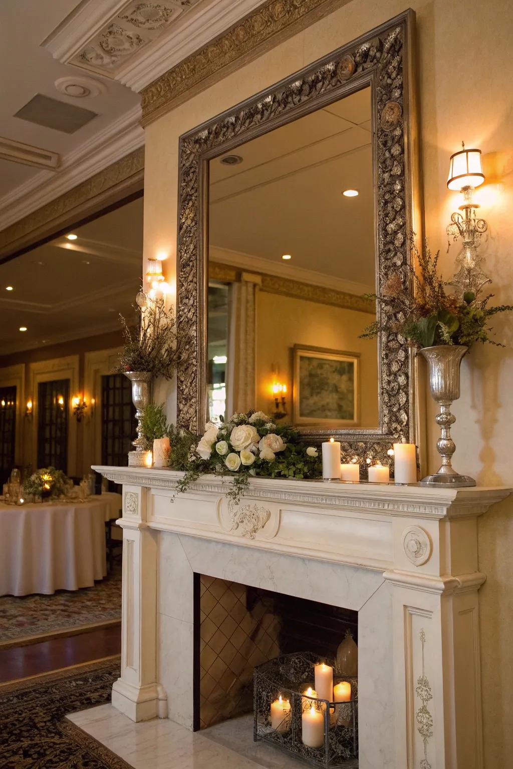 A looking glass augments the luminosity and space on your mantel.