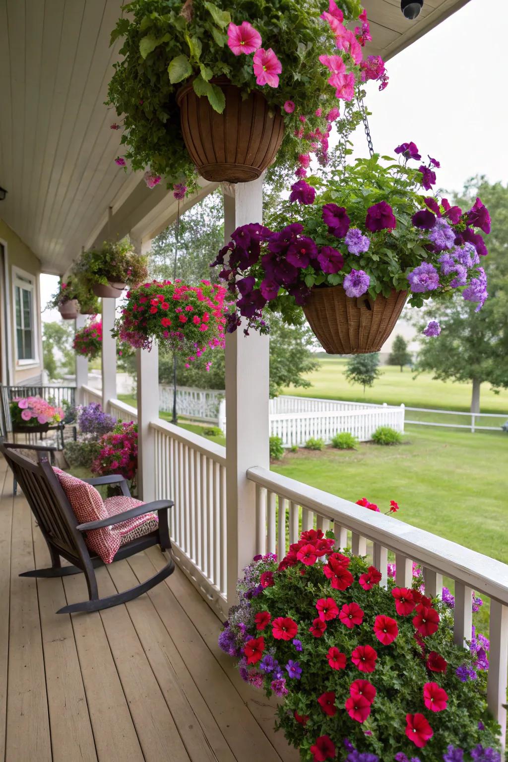 Suspended vessels introduce vertical splendor and hue to your veranda.