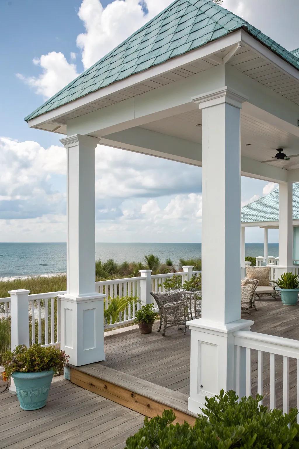 Whitewashed upright posts conjure a serene coastal atmosphere.