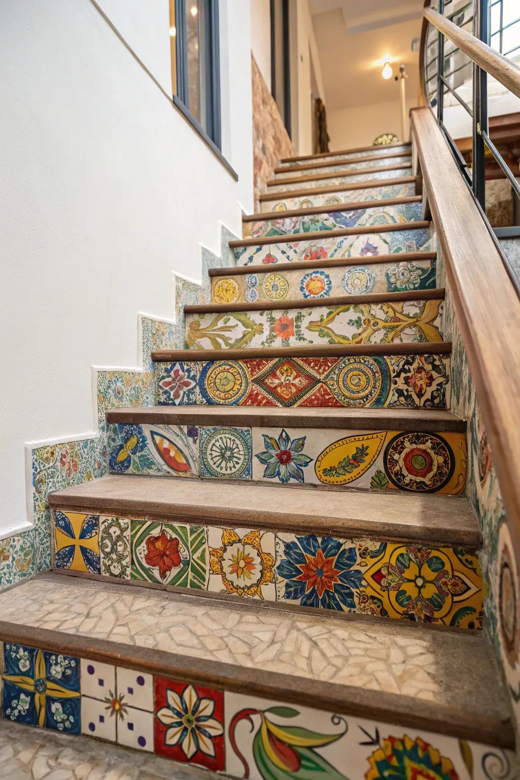 Inlaid tile uprights turn steps into canvases of artistic expression.