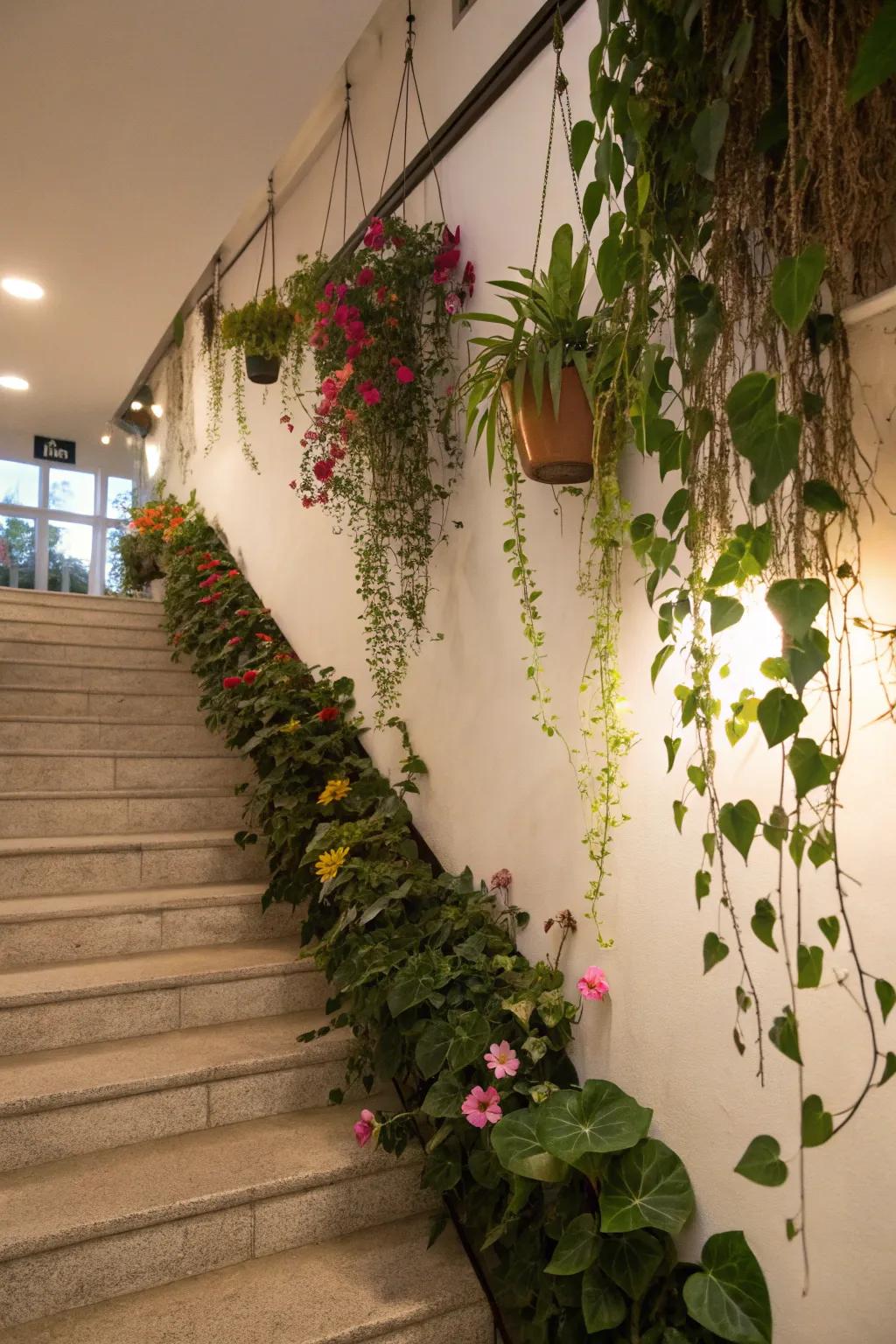 Nature-inspired touches bring freshness to the stairway.