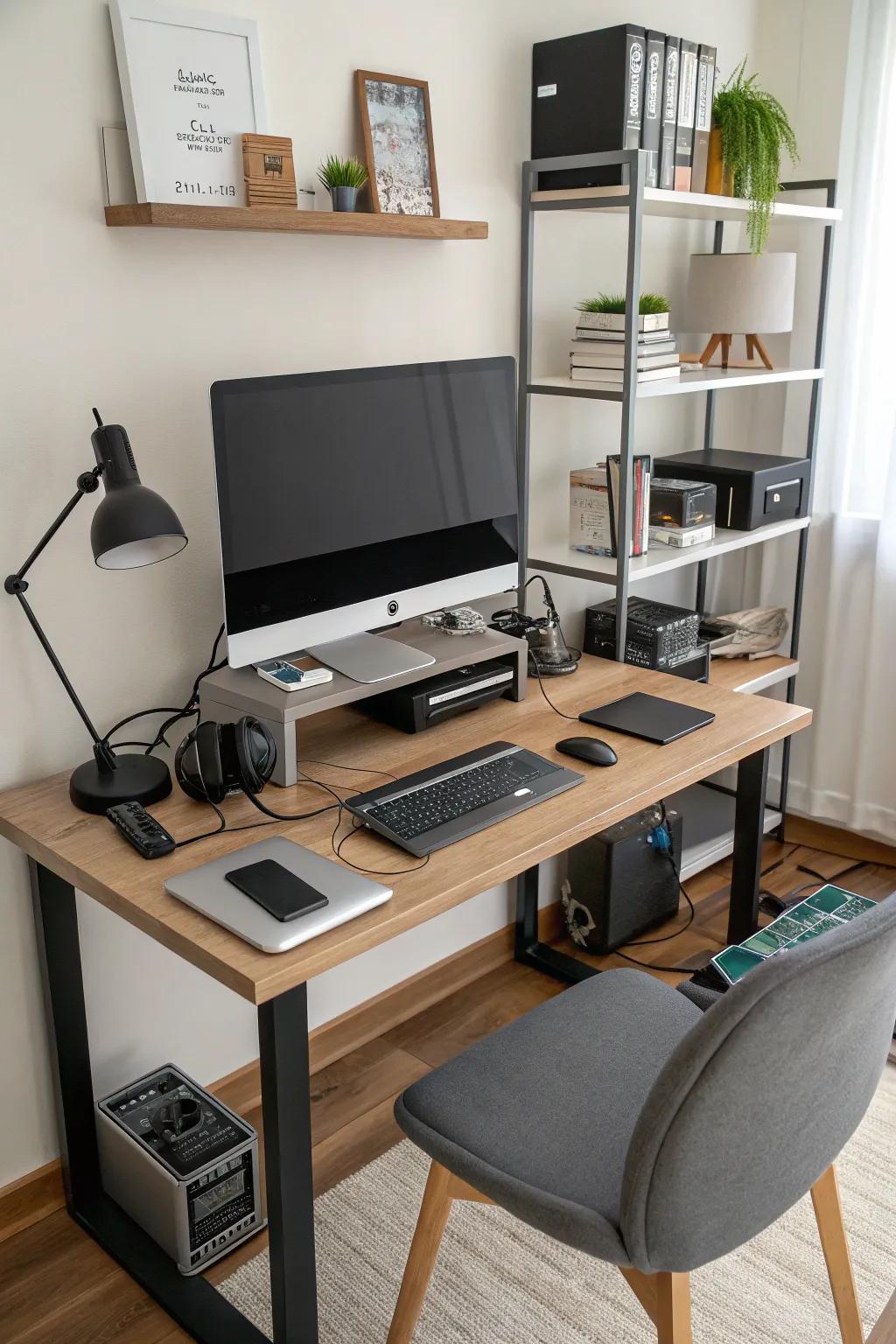 Simple tech integration for a smart upright desk arrangement.