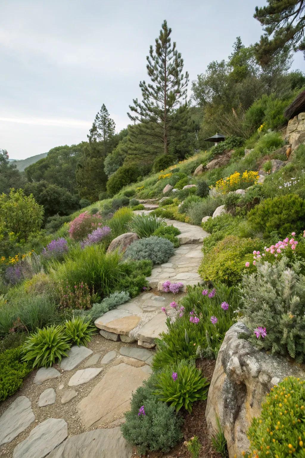 Local plants provide beauty that requires little maintenance.