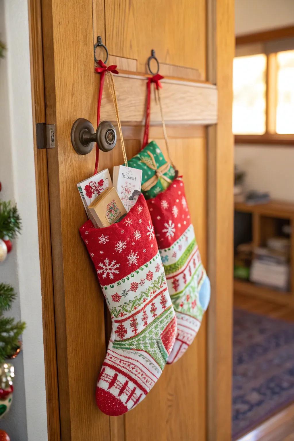 Hand covering stockings inject a whimsical alteration.