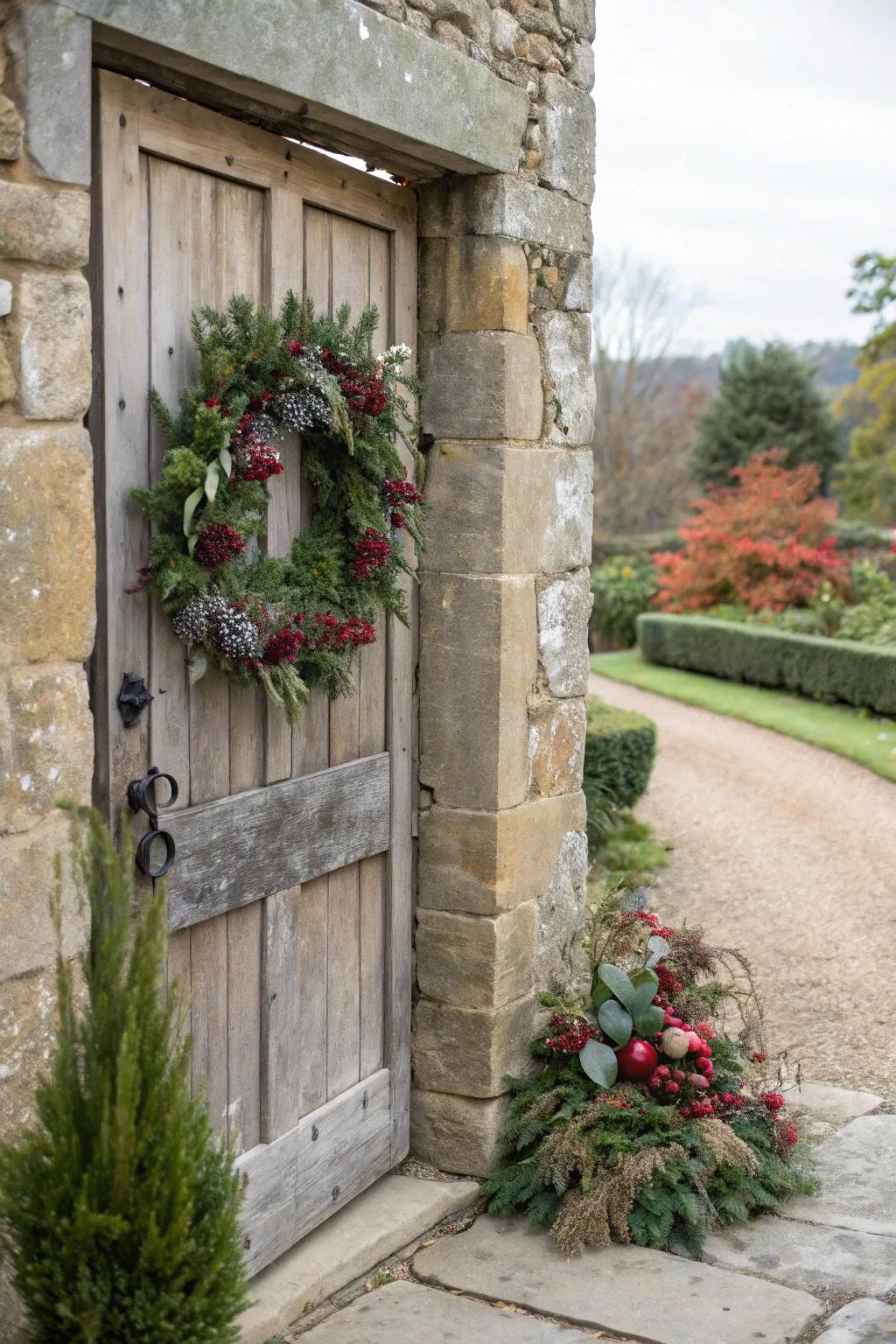 Ornaments add charm against a stone backdrop.