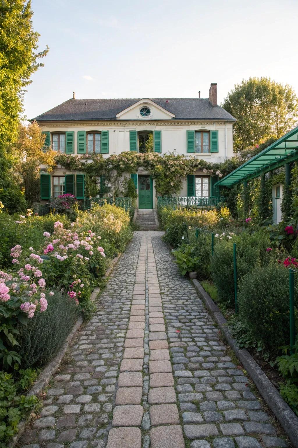 A charming rounded stone pathway leading to a stone-front home.