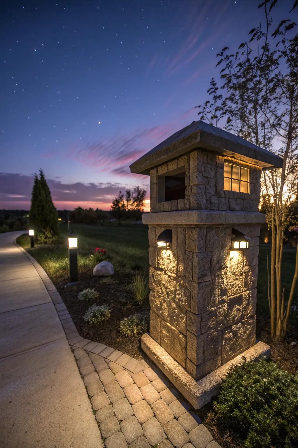 Integrated lighting casts an inviting glow on your mailbox.