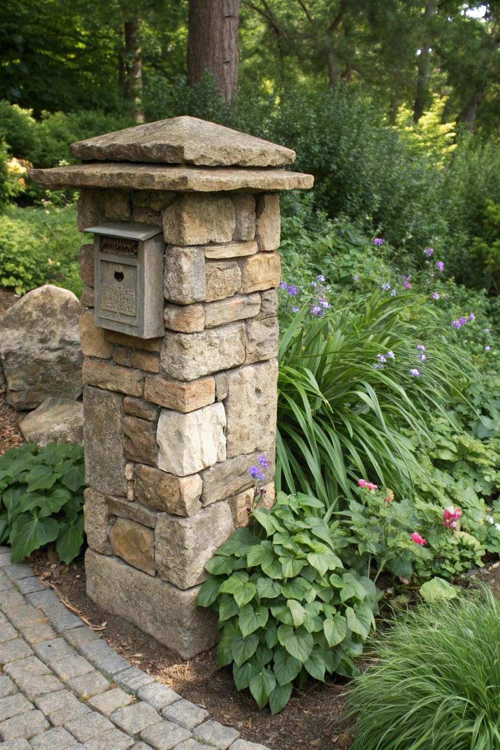 An eco-friendly mailbox pillar made from recovered rock.