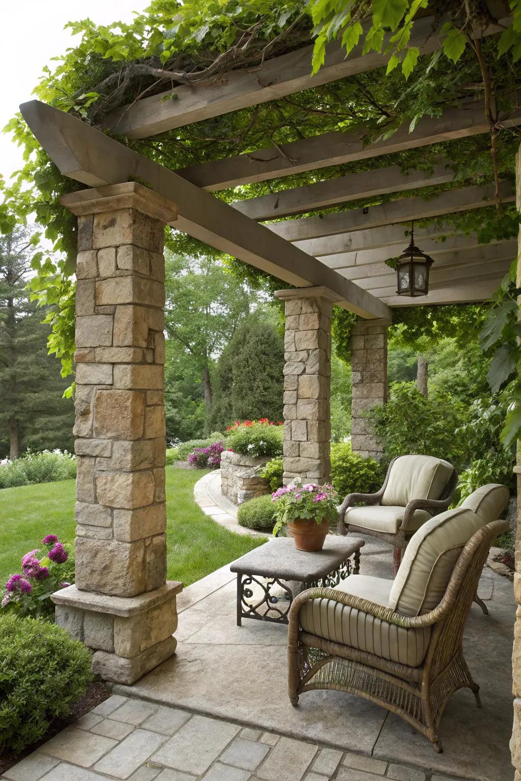 A rock arbor includes shade and elegant flair.