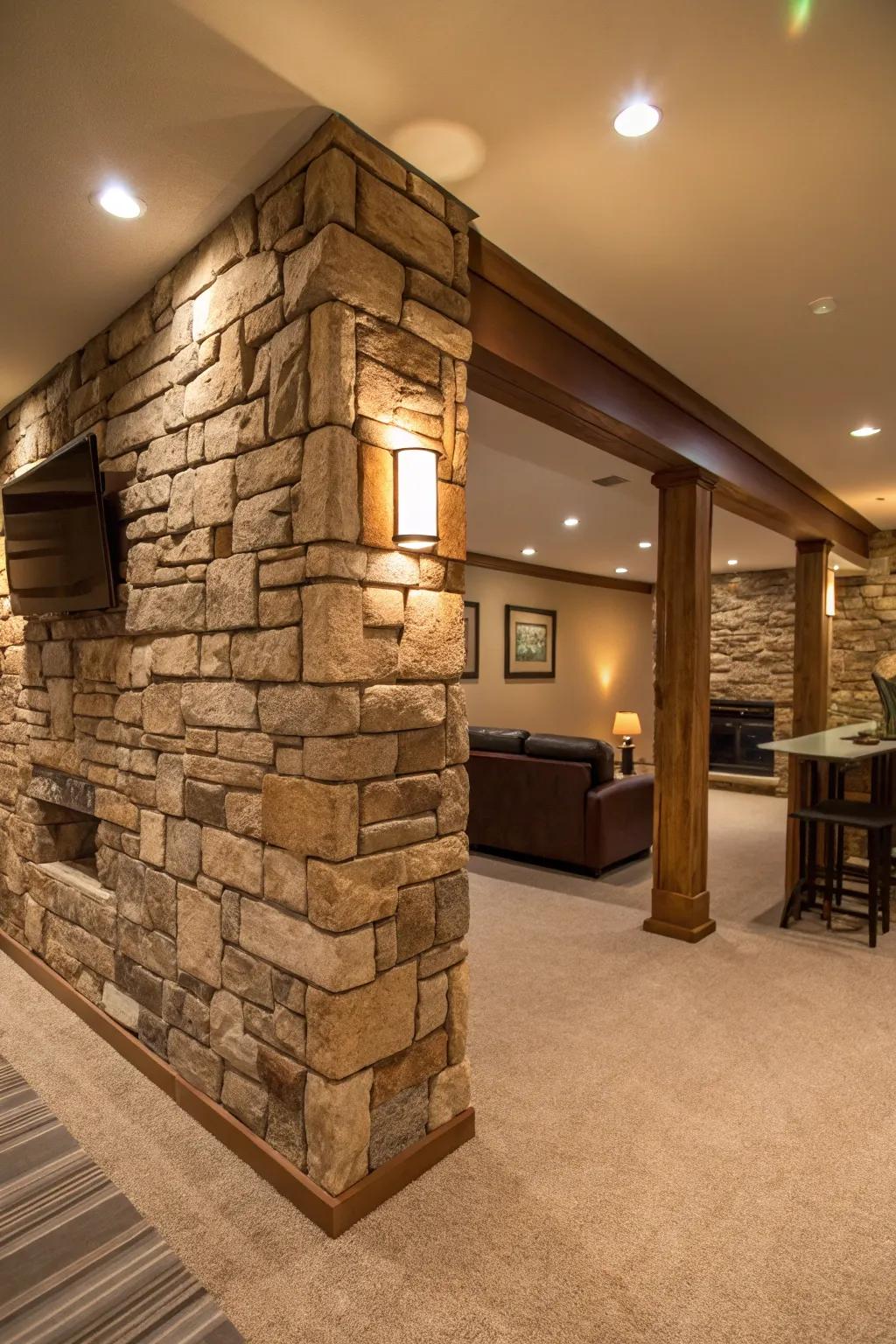 The allure of a stone wall has elevated the basement's appeal.