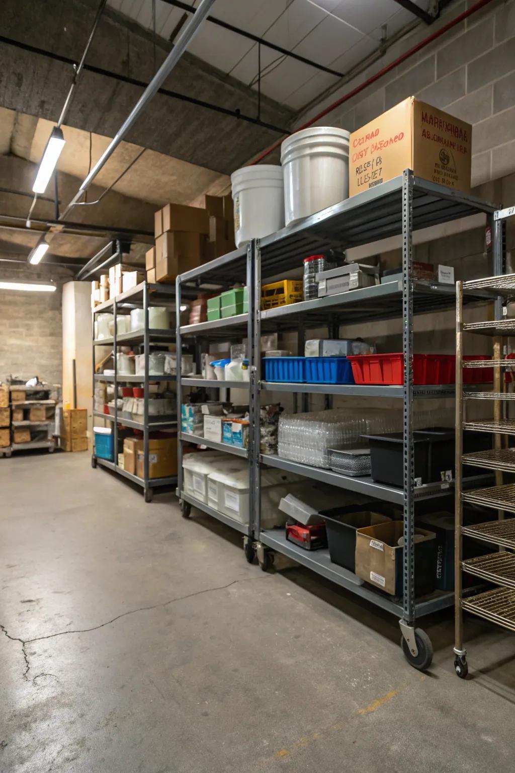 Rolling shelves provide flexible storage solutions.