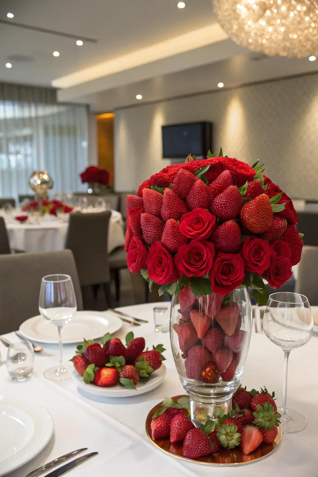 A mesmerizing strawberry 'rose' centerpiece that captures attention.
