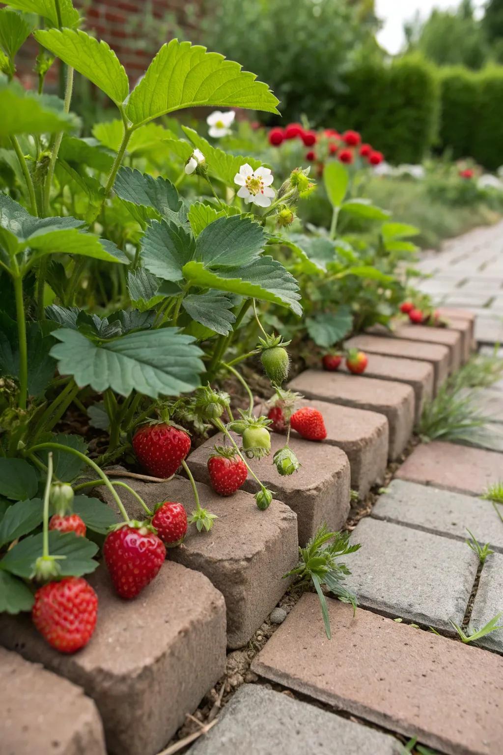 Strawberries that grow beautifully between bricks.
