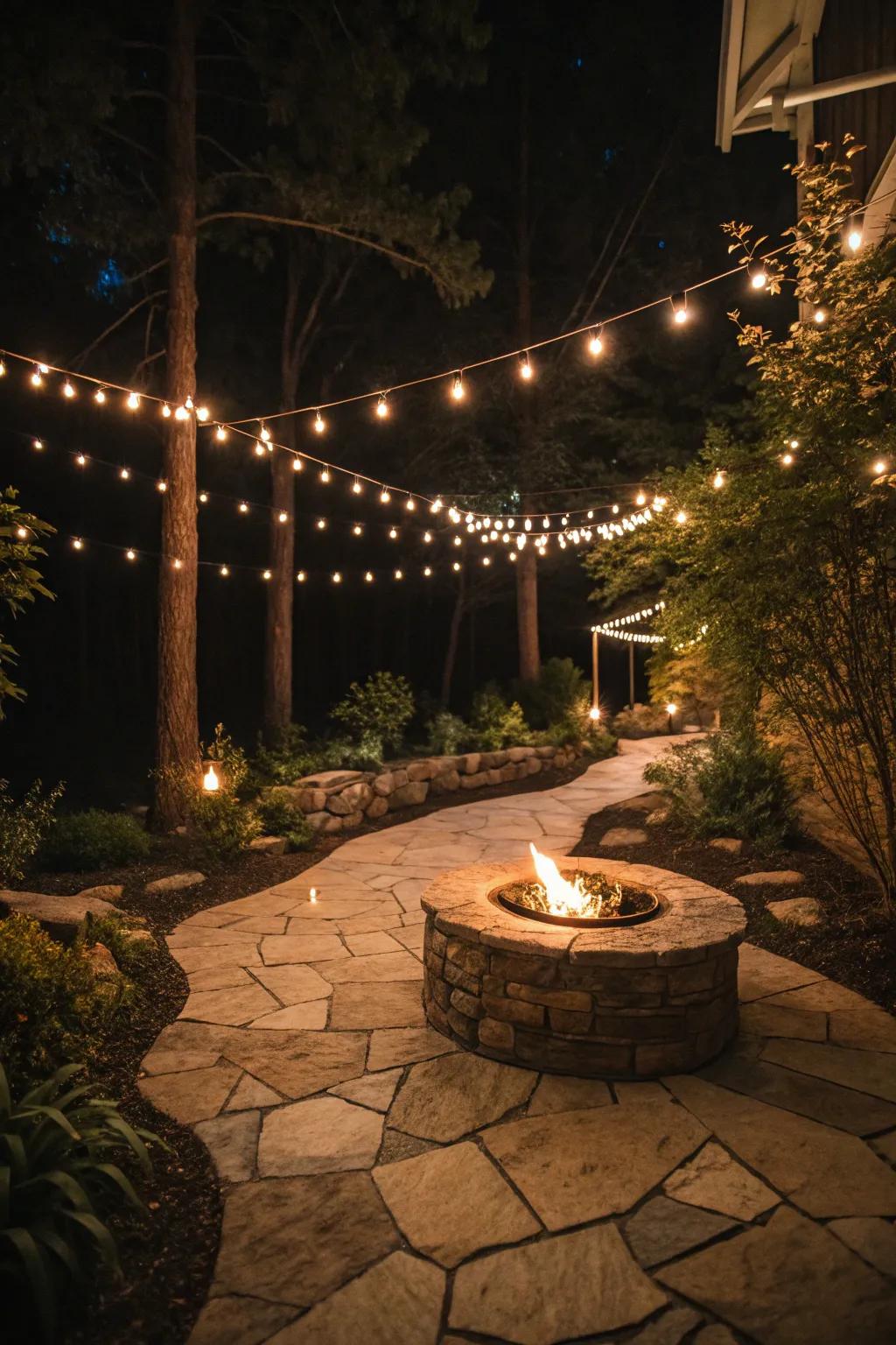 Twinkle garlands illuminate a pathway to the fire pit.