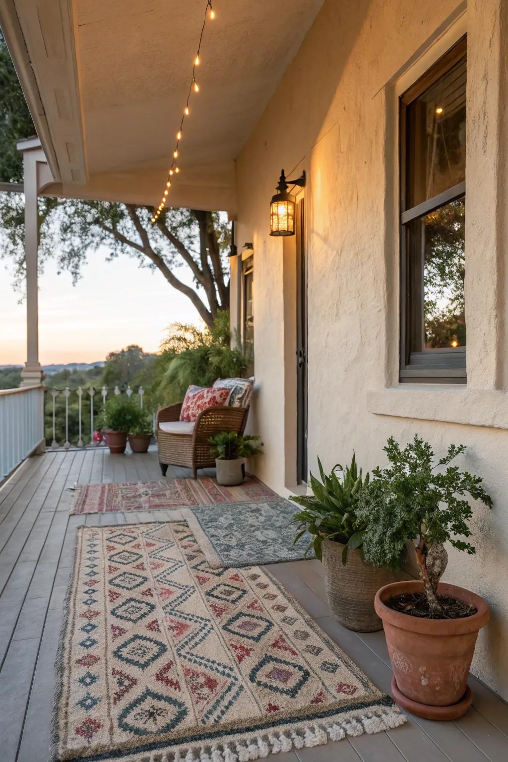 Comfortable decor pieces make the stucco porch seem like home.