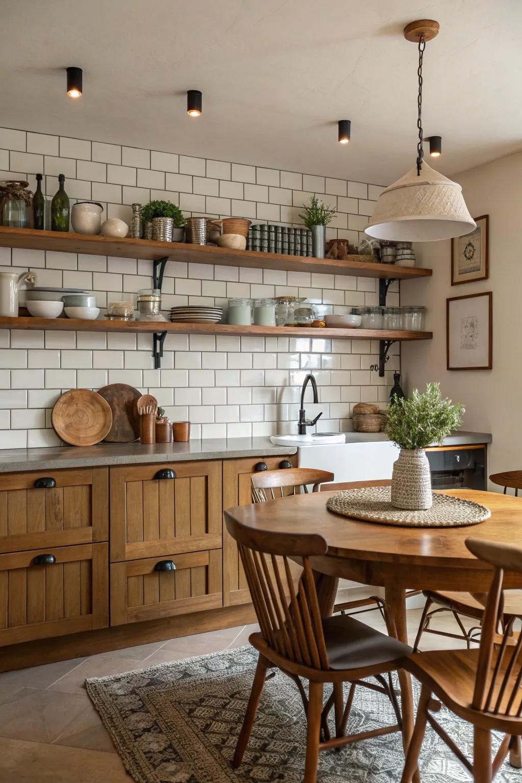Elongated tiles and wood details create a harmonious and inviting cooking space.