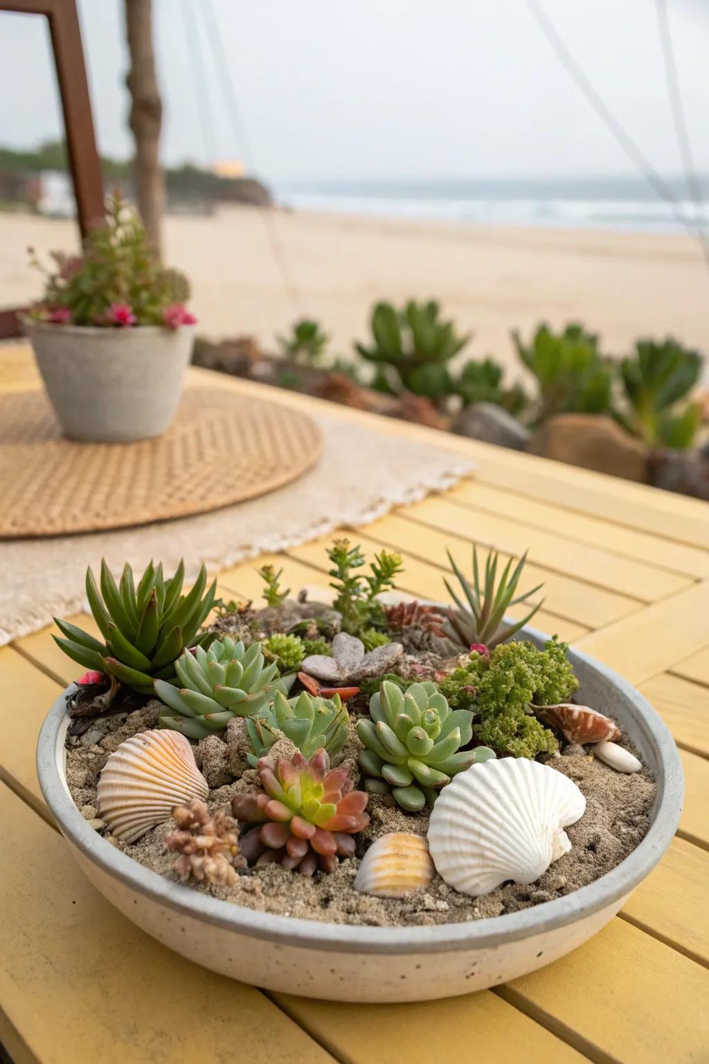 A beach-inspired succulent garden featuring seashell elements.
