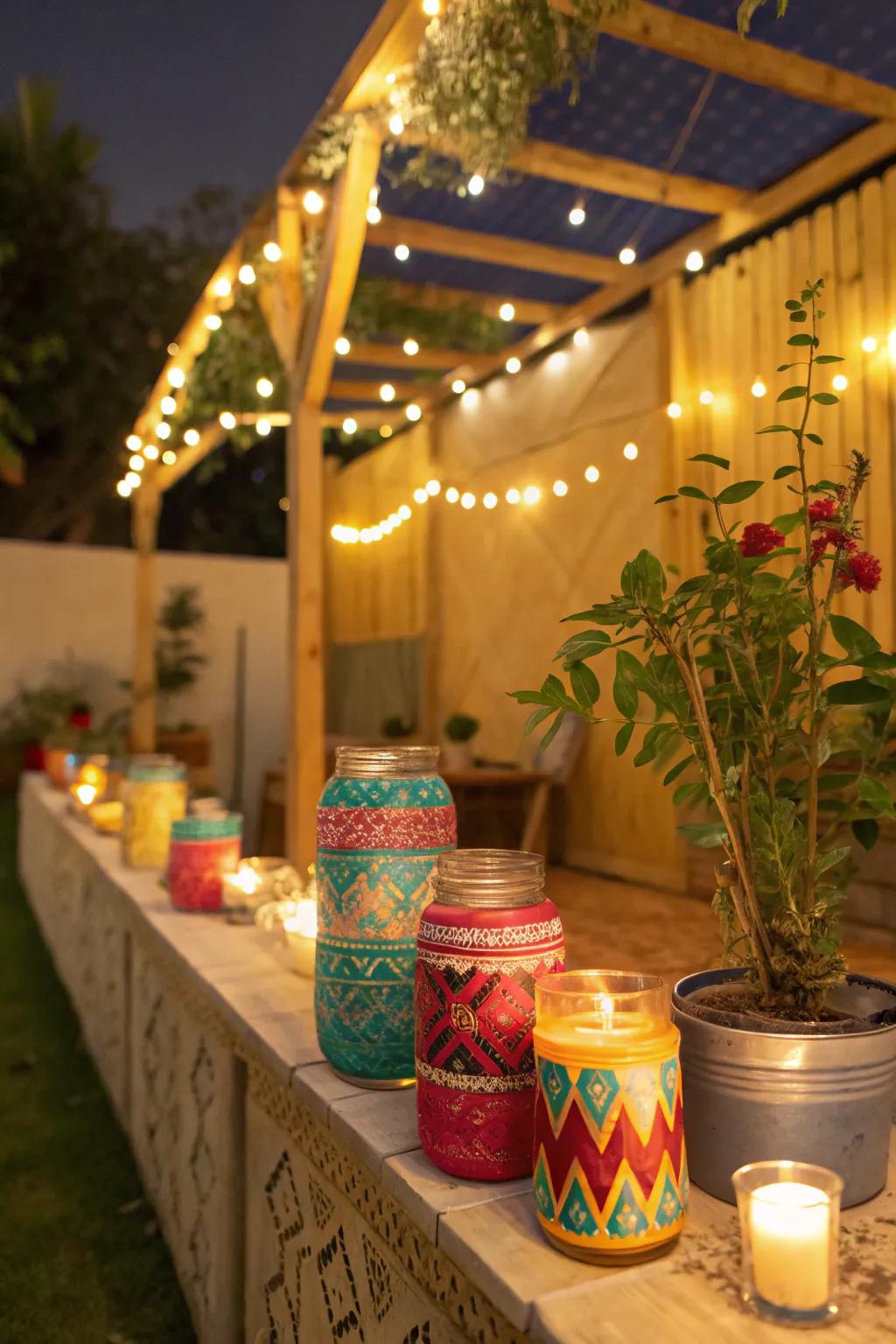 Delightful self-made painted jars used as candle stands inside a sukkah.