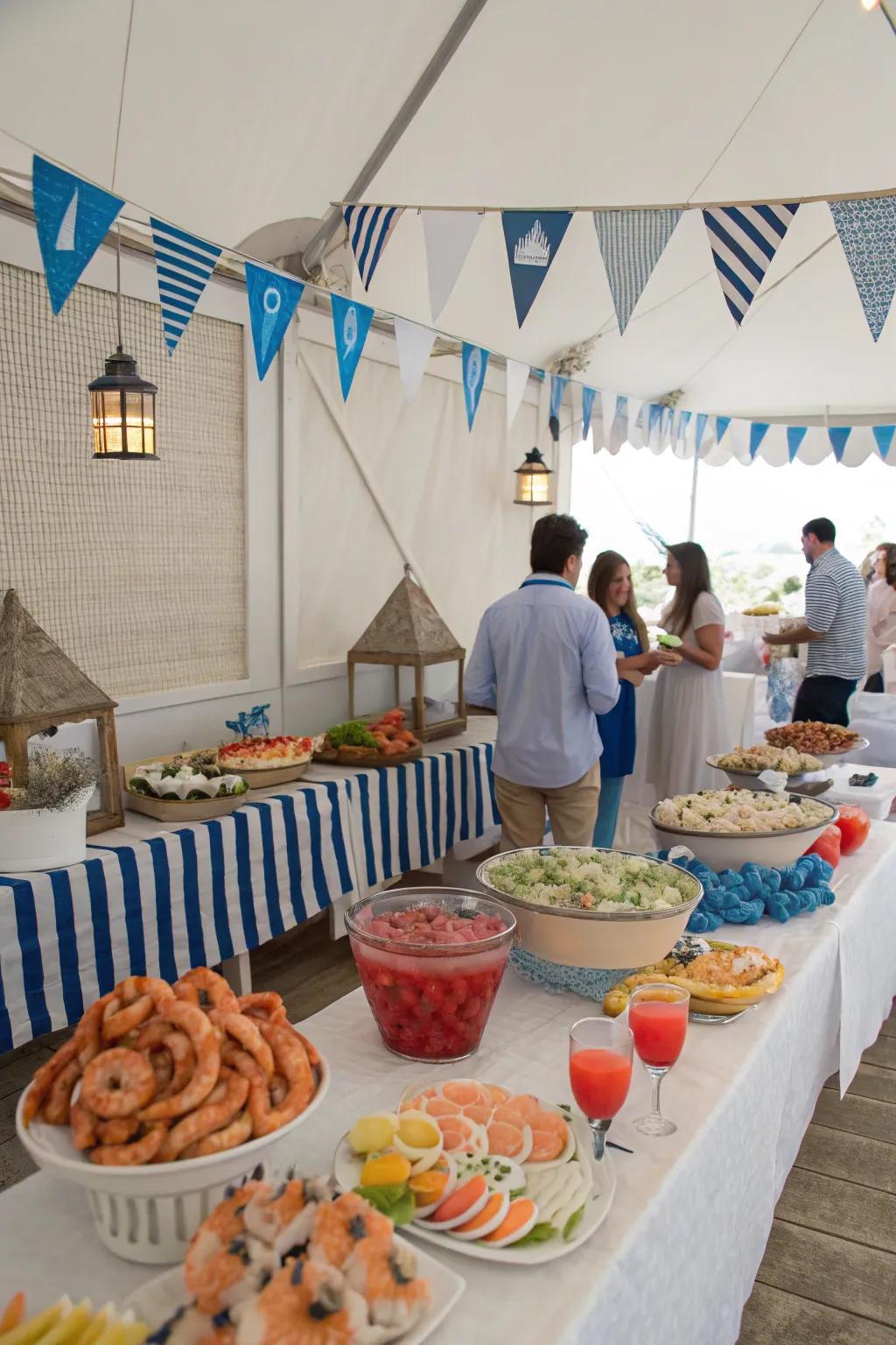 A shoreline celebration featuring aquatic ornamentation and ocean-inspired components.