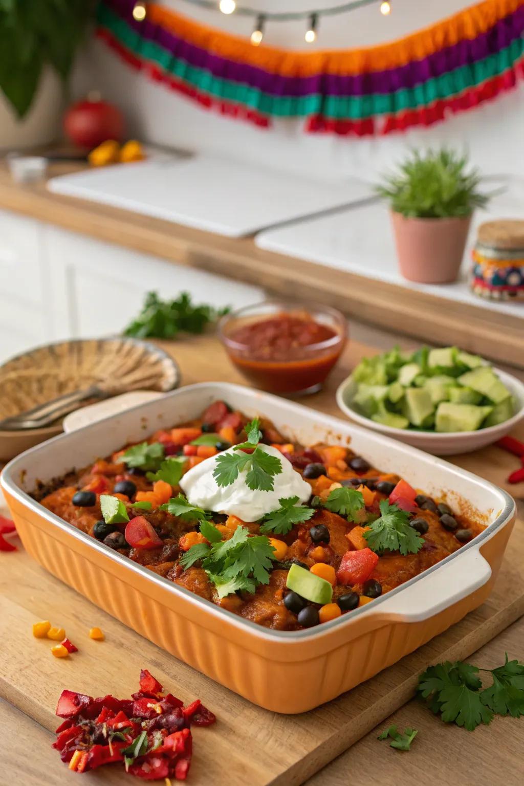 Honeyed tater and legume enchilada bake, a fusion of taste and color.