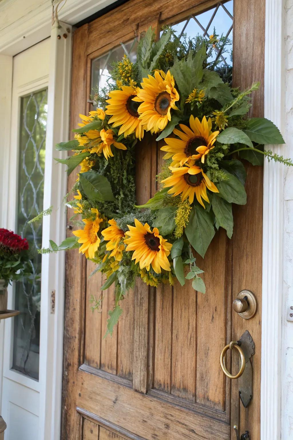 Welcome guests with a cheerful sunflower wreath.