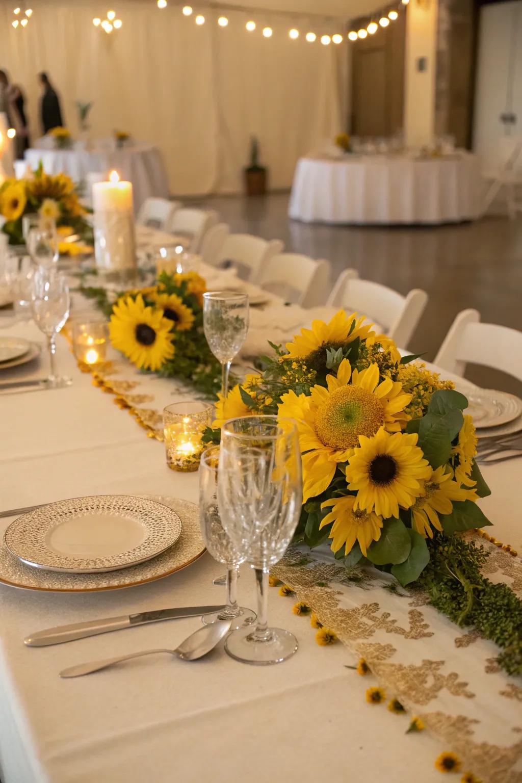 A beautifully set table with runners adorned with sunflowers.