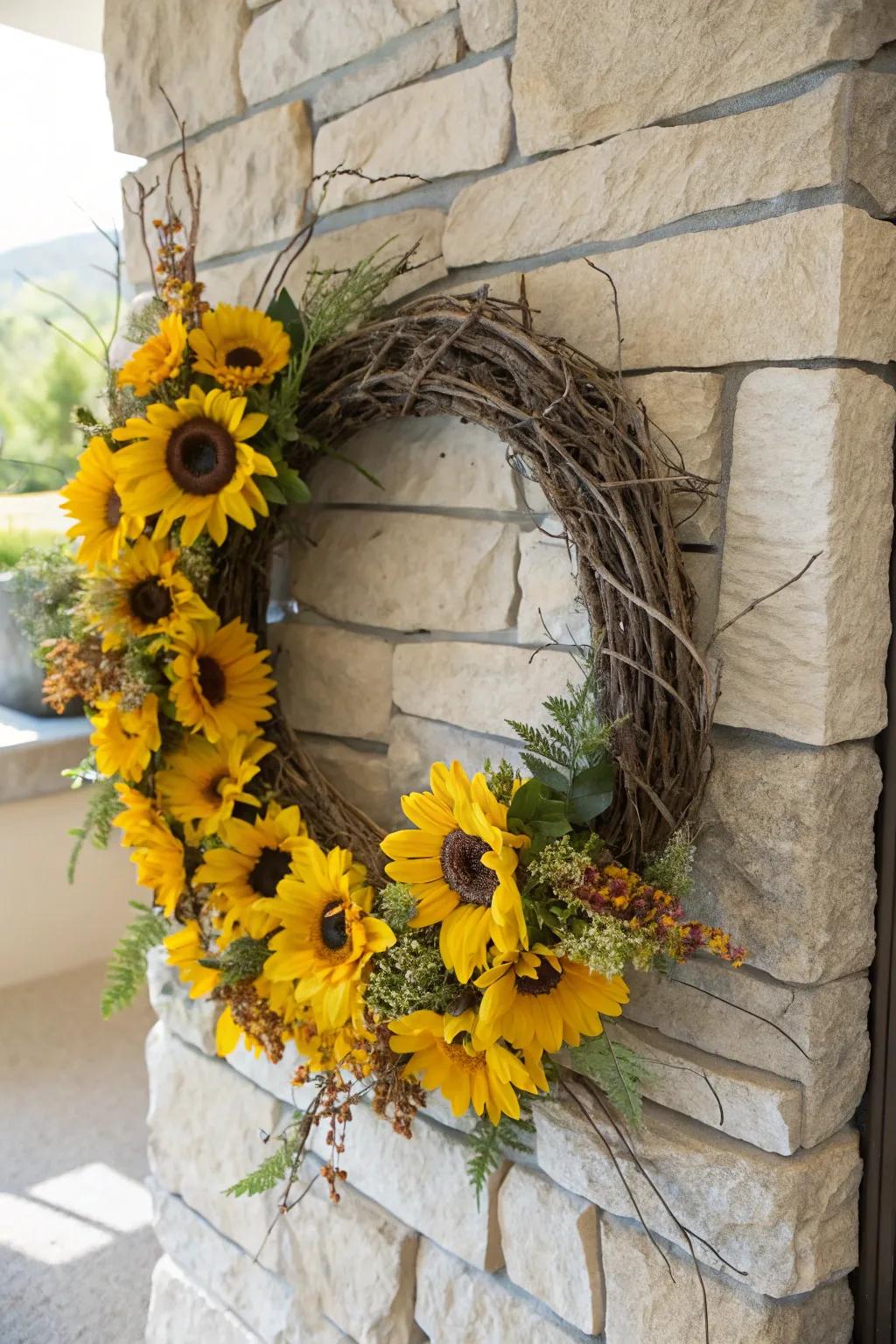 Embrace nature with a twig-woven sunflower garland.