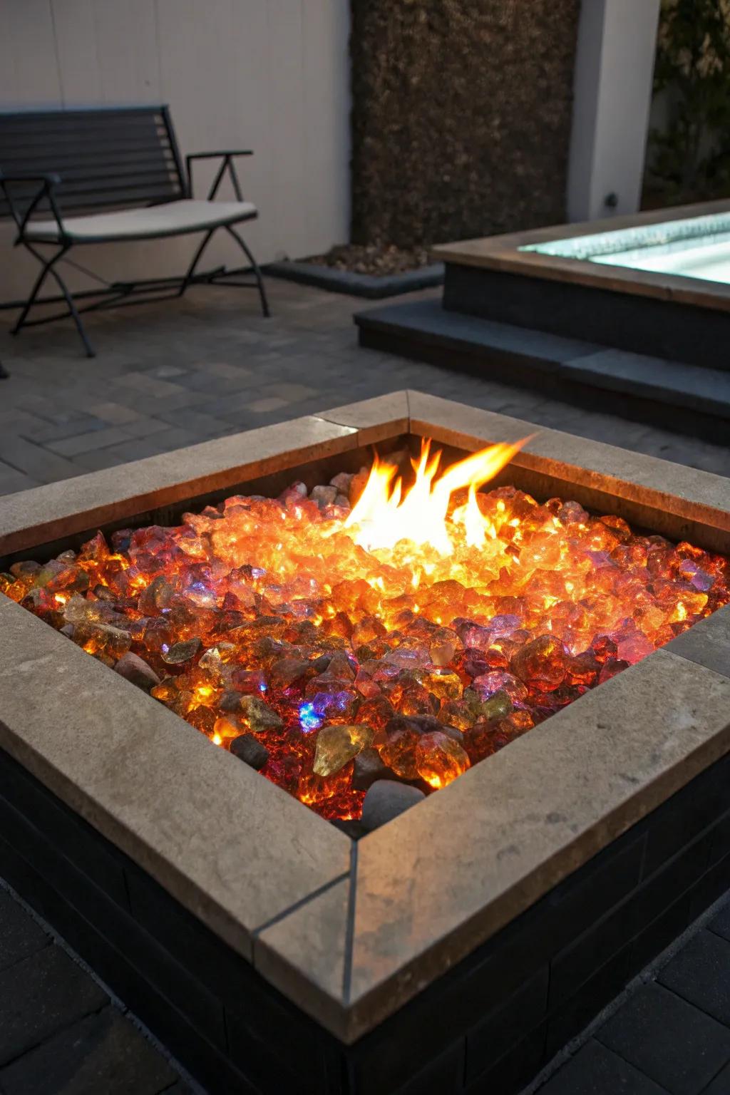 Hearth glass brings elegance and sparkle to this fire pit.