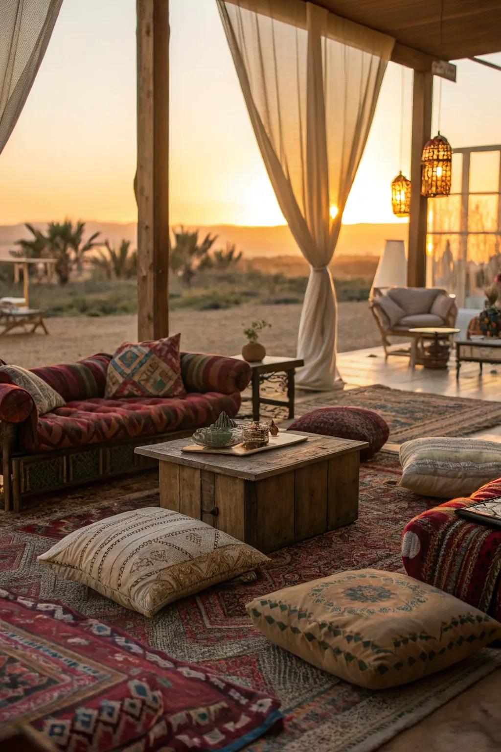 A bohemian relaxation zone complete with cushions and rugs during twilight.