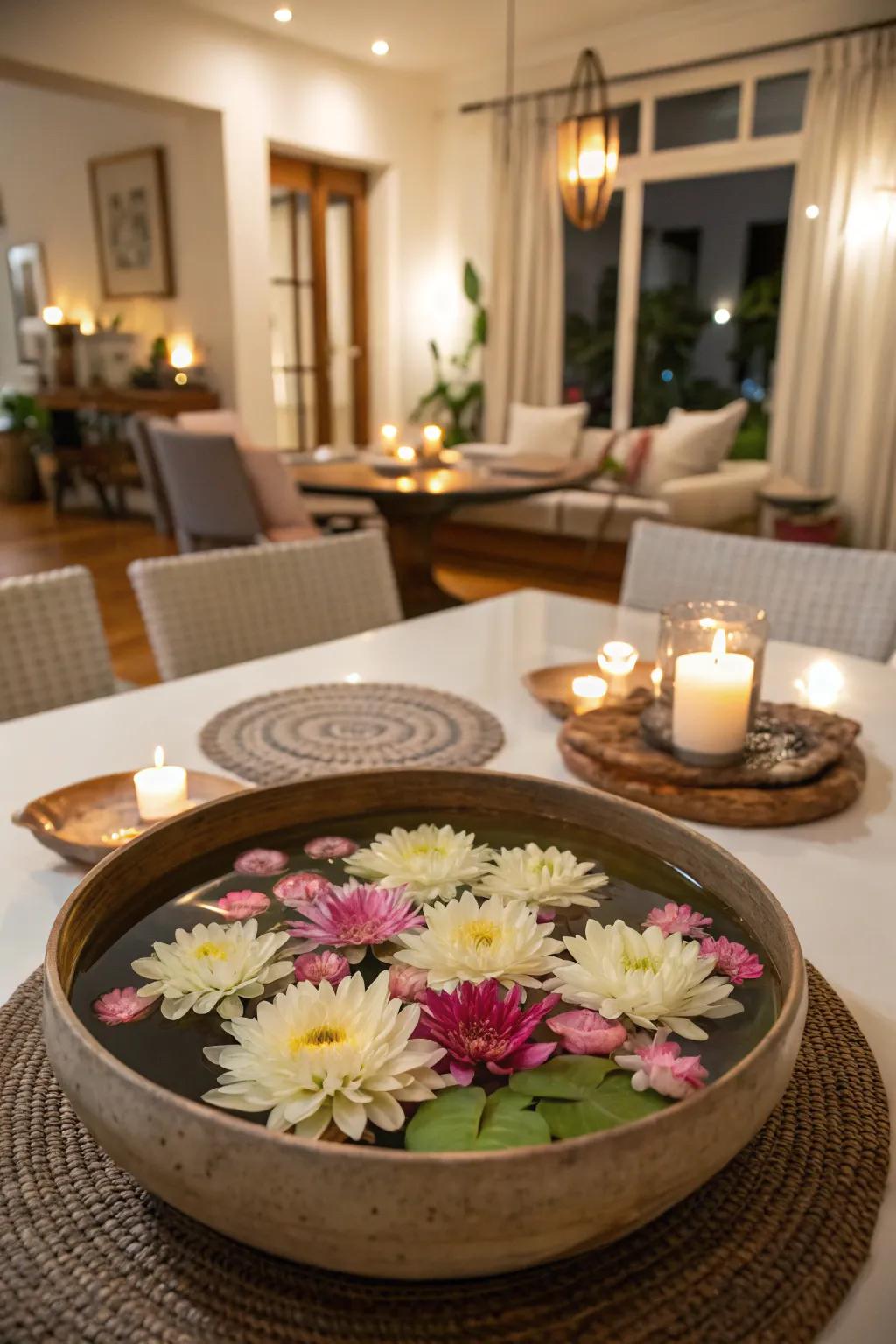 Floating flowers create a serene and calming centerpiece for any occasion.