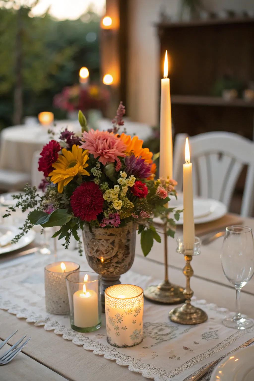 A cozy centerpiece combining flameless lites with roses and eucalyptus.