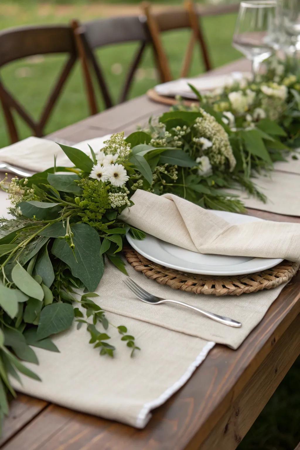 A natural decor of foliage and neutral napkins.
