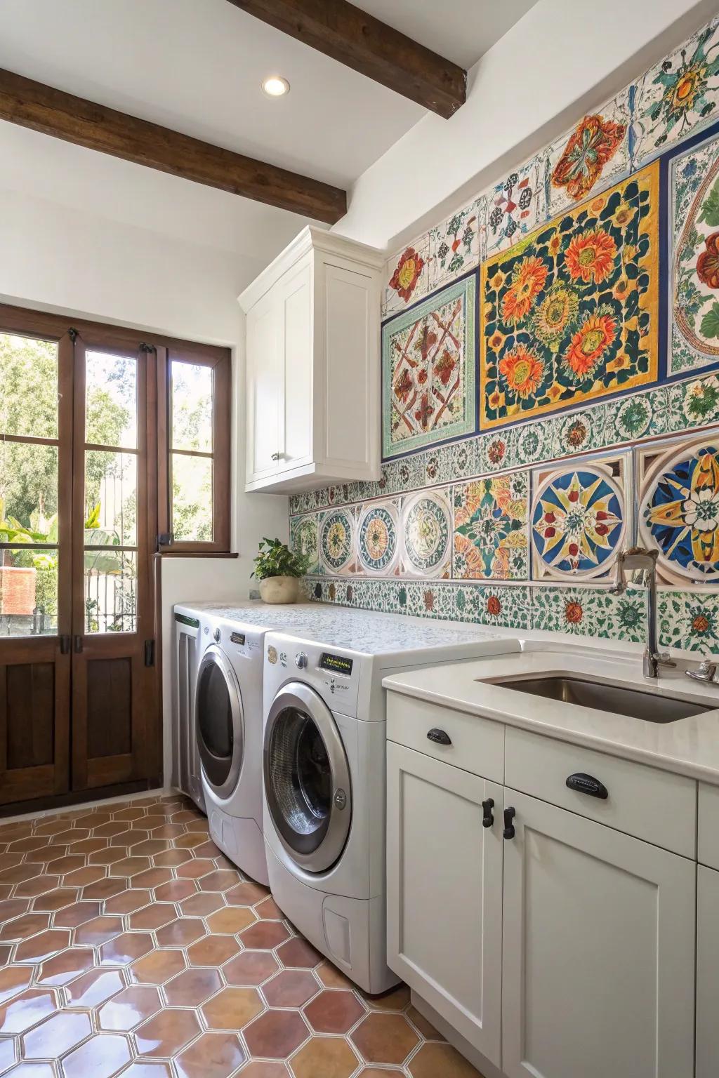 Incorporate joy into your laundry routine with a Majolica mosaic backsplash.
