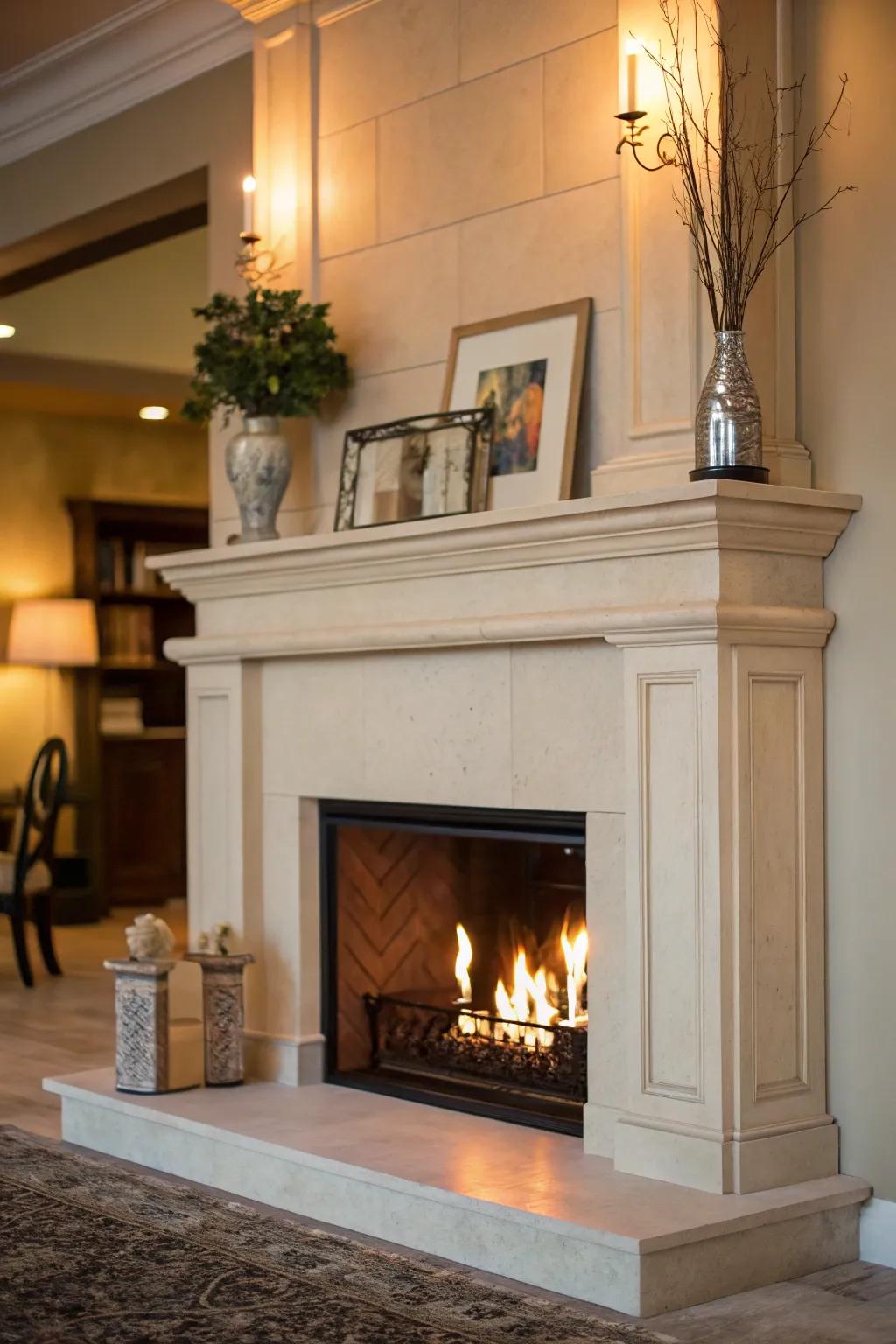 A high mantel featuring minimal decor, emphasizing the fireplace as the central point.