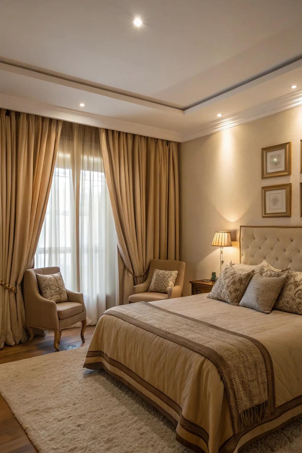 The tan bedroom's harmony is enhanced by matching upholstery and curtains.