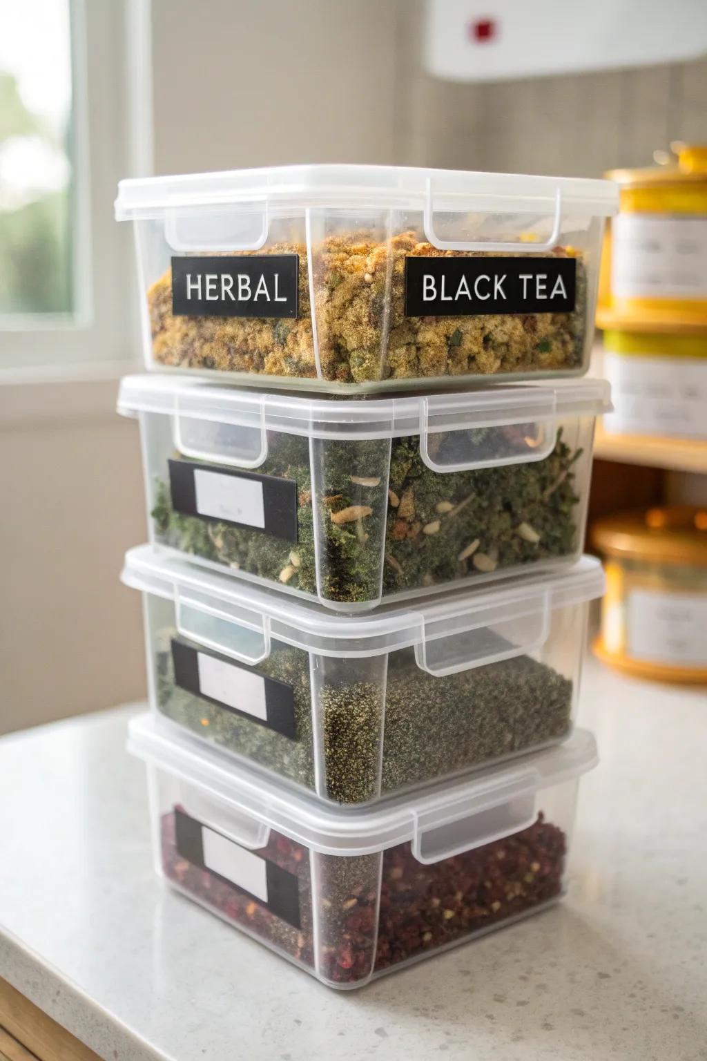 Stackable bins are perfect for organizing tea.