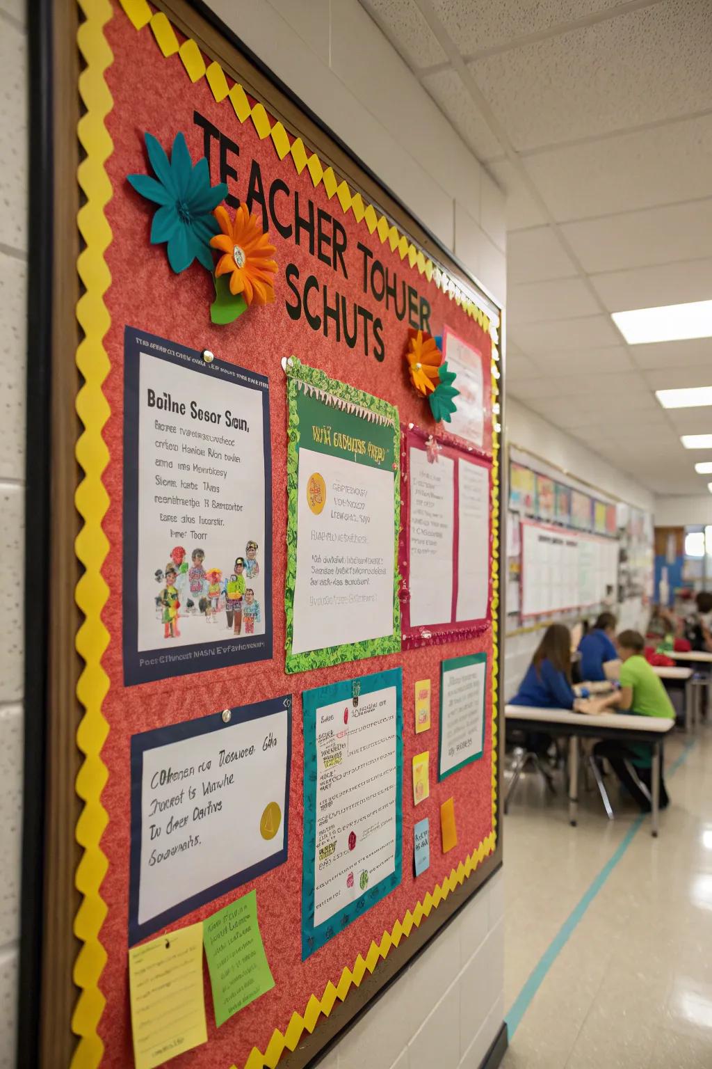 A vibrant board showcasing individual teacher contributions with shout-outs.
